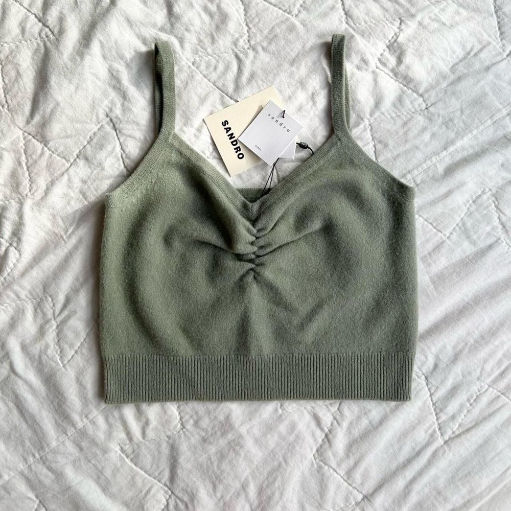 $136 Sandro Soft Wool Olive Green Cream Sweater Tank Top Shirt Large Women's 3 - Picture 1 of 8